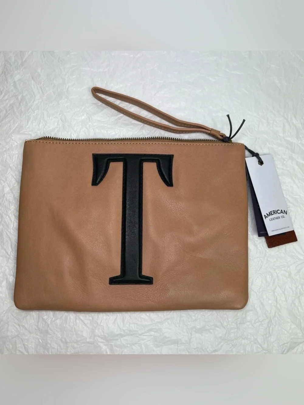 American Leather Monogram T Zip Clutch Wristlet Brown Leather NWT